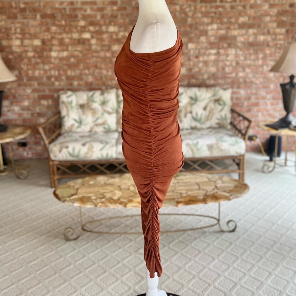 Mable Bodycon Dress Ruched One Shoulder S Asymmetrical Rust Glam Cocktail Party - Picture 8 of 15